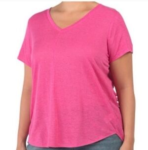 TAHARI Women's Bright Pink Linen V-Neck tee Size: 2X